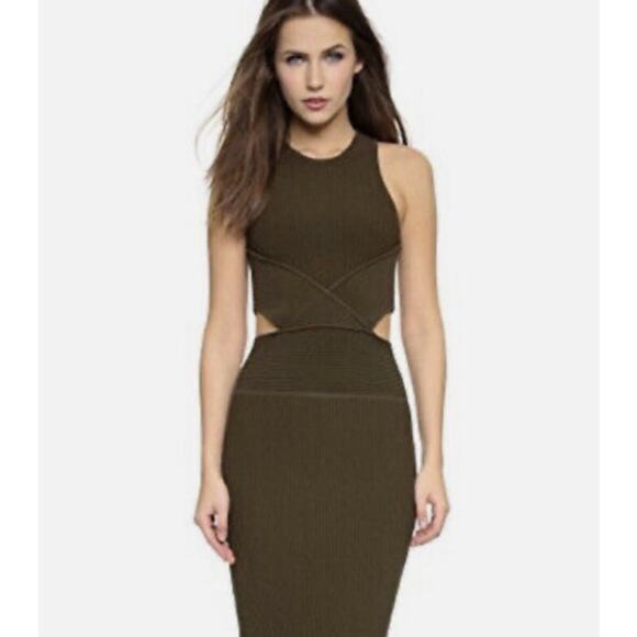 Ronny Kobo Dress Small Safari Green Ribbed Bodycon Side Cut Sexy Club - Picture 1 of 13